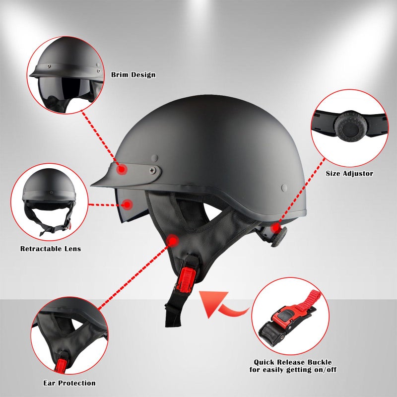 1Storm Motorcycle Half Face Helmet Mopeds Scooter Pilot with Retractable Inner Smoked Visor, Glossy Black - Image 3